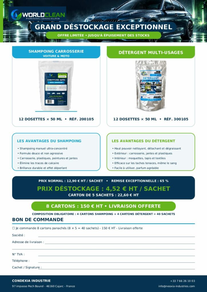 Affiche WorldClean : grand déstockage shampoing carrosserie et détergent multi-usages