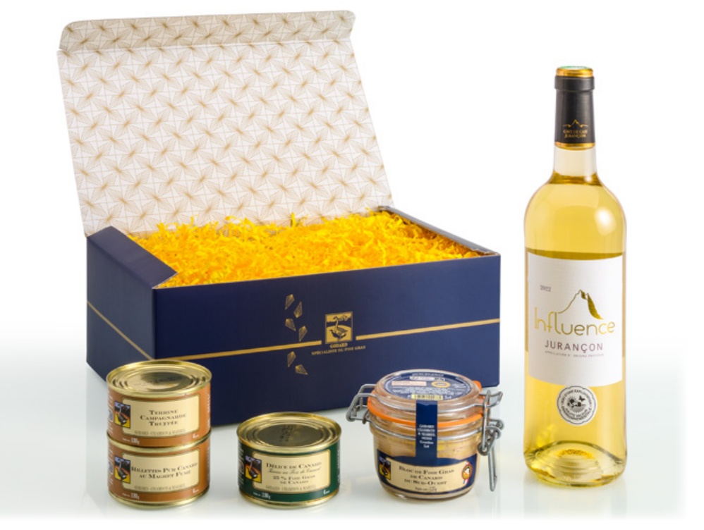 Coffret Gastronomique Godard : coffret bleu et or, Jurançon doux, bloc de foie gras et spécialités du terroir
