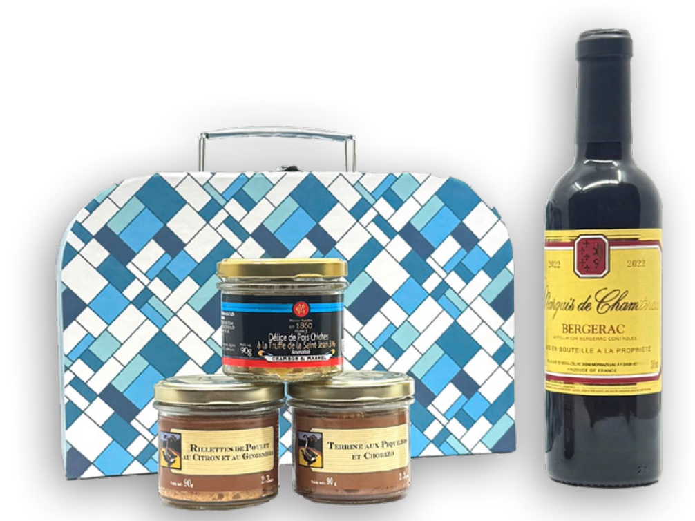 Coffret Godard Saveurs Estivales : valisette, Bergerac rouge et trois bocaux