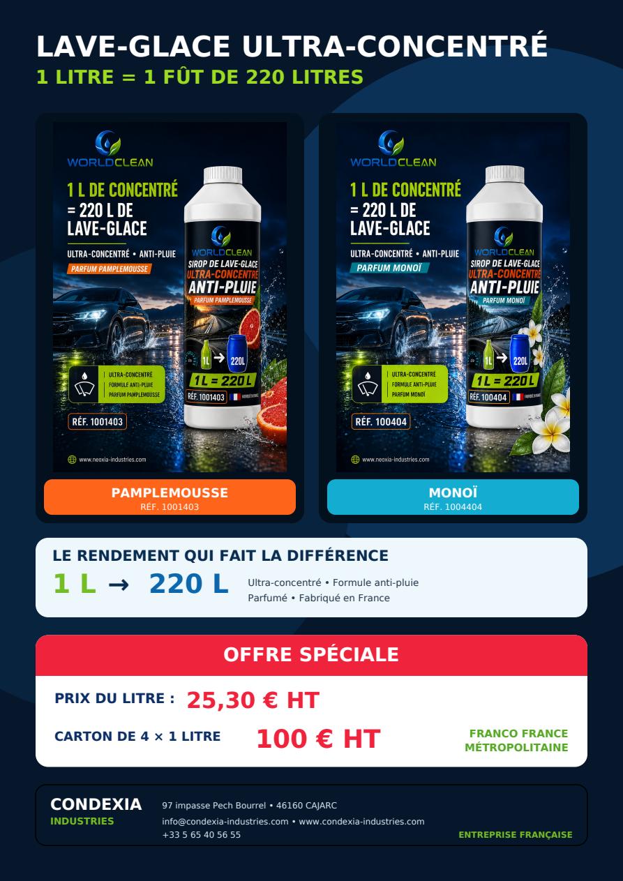 Affiche WorldClean : lave-glace 1 litre, pamplemousse ou monoï, 25,30 € HT l'unité ou 100 € HT le carton de quatre