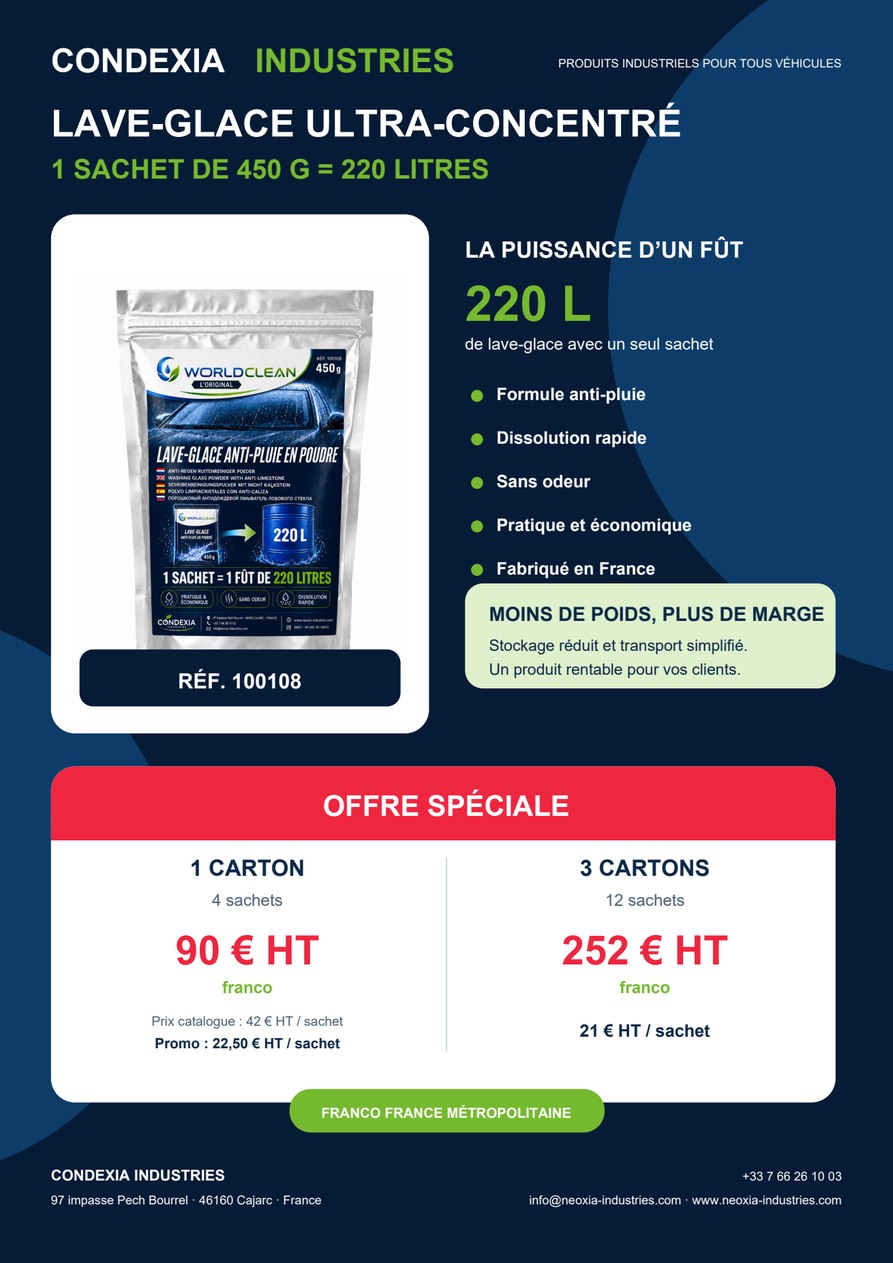 Affiche WorldClean : promotion lave-glace ultra-concentré en sachet de 450 grammes, référence 100108